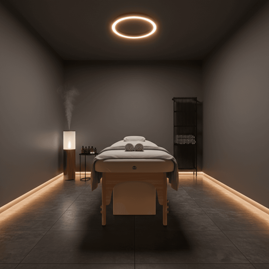 A dark, professional luxury aesthetic wide shot of a treatment room setup with premium massage table, soft ambient lighting, and calming essential oil diffuser.