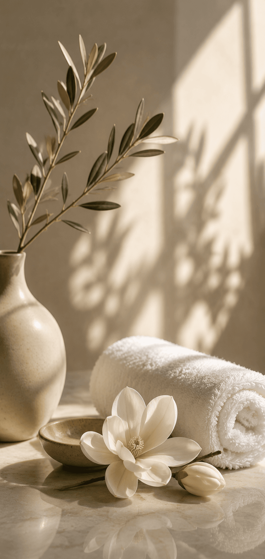 White magnolia flower, rolled towel, and olive branches in a vase with soft sunlight.