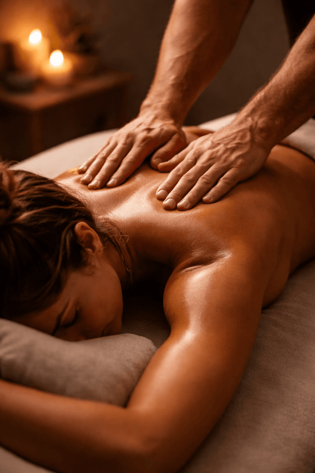 Therapist's hands massaging a woman's oiled back in a serene, dimly lit spa environment.