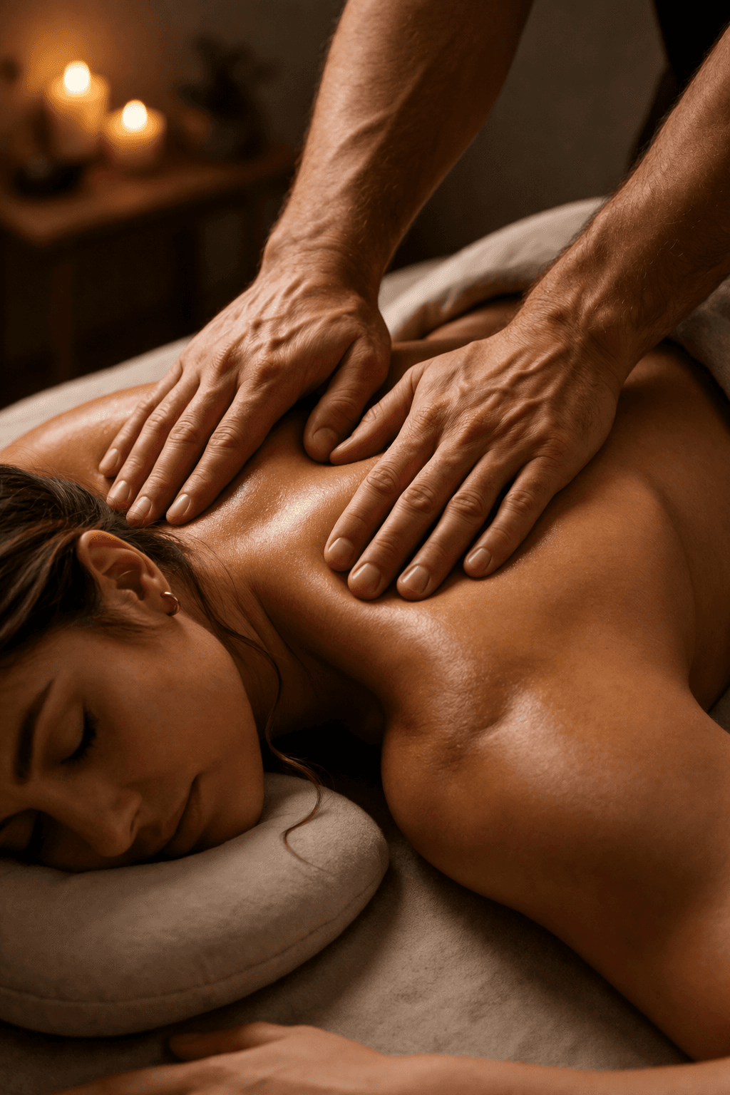 Hands massaging a woman's oiled back in a peaceful, candlelit spa setting.