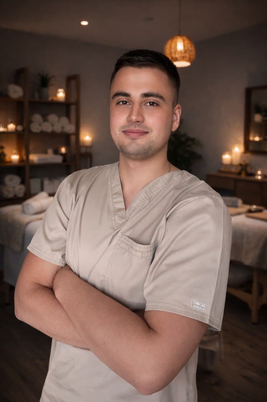 Smiling male therapist in beige scrubs with arms crossed in a candlelit spa room.