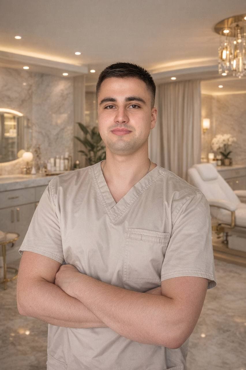 Young male professional in beige scrubs posing with arms crossed in a modern upscale clinic.